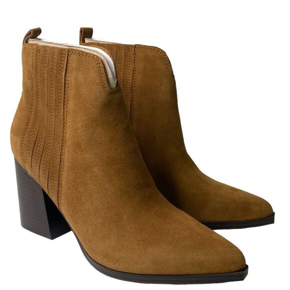 Marc Fisher Maree Western Pointed Toe Suede Bootie Pull-On High Block Heel - Picture 3 of 14